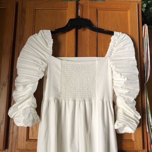 Anthropologie OPT Square Neck Ruched Sleeve Ruffle Hem MIDI Dress- S - Picture 10 of 14